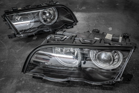 BMW E46 Sedan DEPO Black Projector Angel Eye Headlights - 63126902753, 63126902754, 63126902763, 63126902764, 63126906495, 63126906496-Headlights-Depo-Garagistic